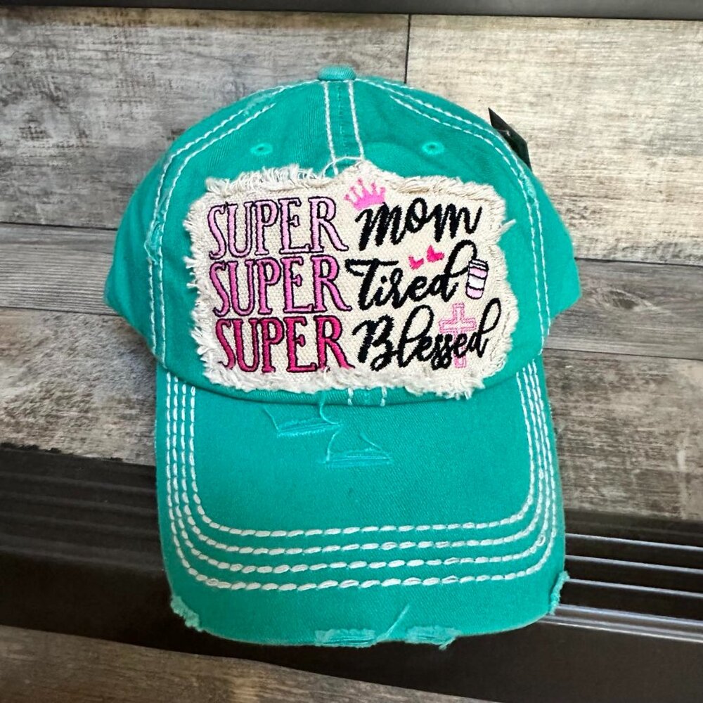 NWT KBETHOS Turquoise Super Mom Super tired Adjustable Baseball cap